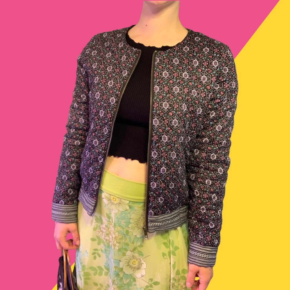 Forever 21 Floral Quilted Jacket Women's M Multicolor Full Zip Sweater C…